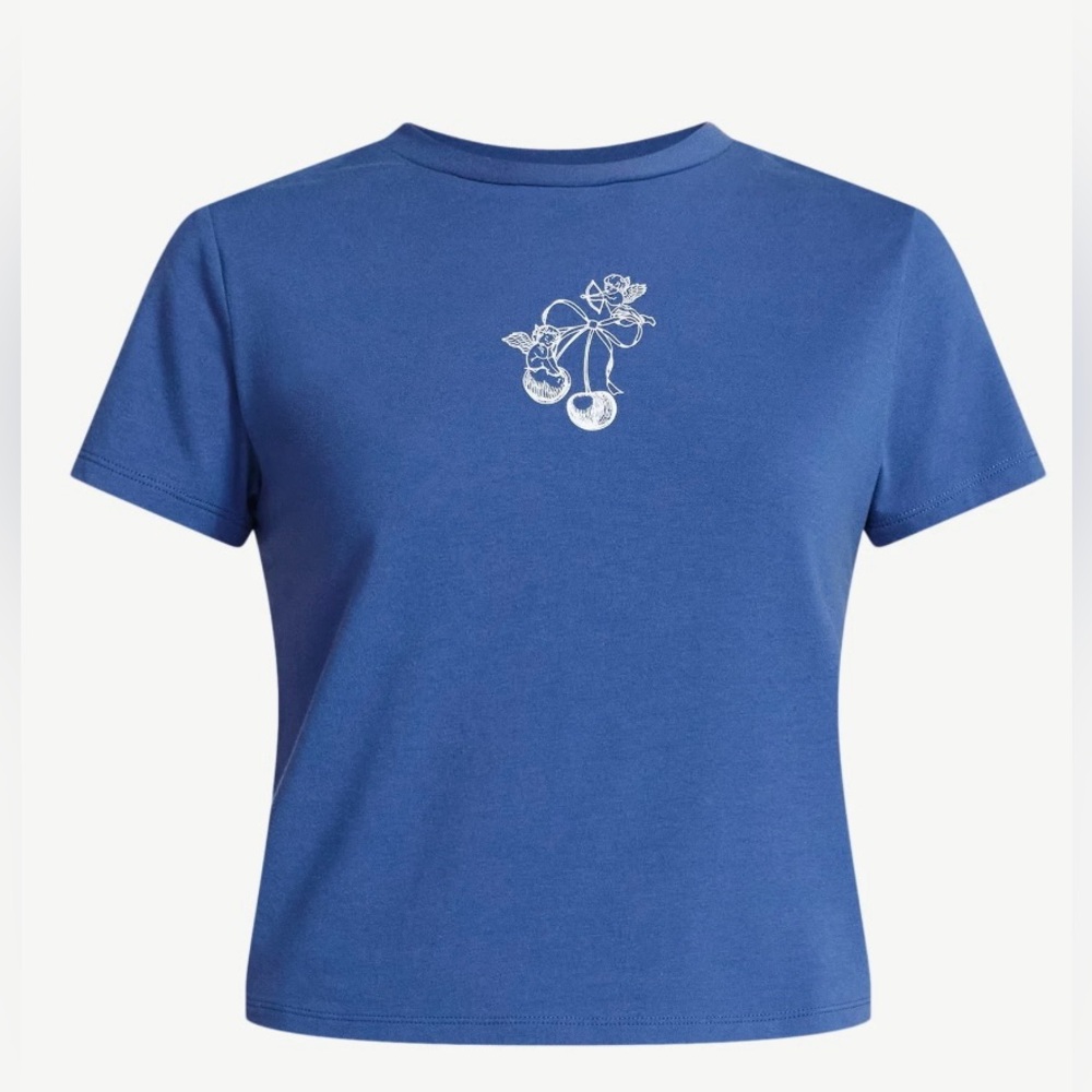 NWT No Boundaries Cherry Cupid Graphic Baby Tee Crop Top Blue Size Medium